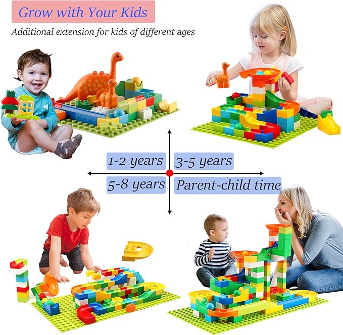 Marble Run Building Blocks, 145 PCS Classic Big Blocks STEM Toy Bricks Set Kids Race Track Compatible with All Major Brands Bulk Bricks Set for Boys Girls Toddler Age 3,4,5,6,7,8+