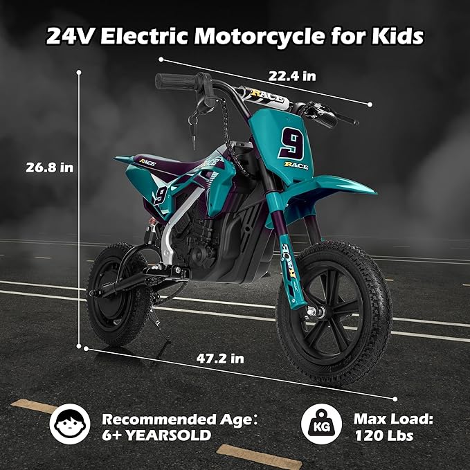 24V Electric Dirt Bike for Kids 6-12- Max 11 MPH & 10 Miles Long-Range, 250W Electric Motorcycle with Twist-Grip Throttle, 12" Knobby Tires, Spring Suspension, Music (Green)