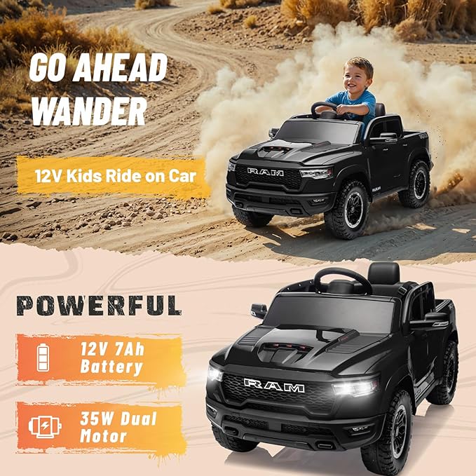 Ram 1500 Ride on Toys for Kids 4-8, Ride on Pickup Truck for Toddlers with Remote Control,12V Battery Powered Car with Trunk, Bluetooth, Music, Safety Belt (Black)
