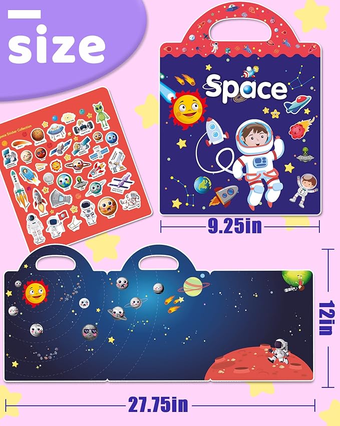 Benresive Reusable Sticker Book for Toddlers 2-4 Years, Fun Travel Stickers for Kids, Waterproof Sticker Books for Toddlers 1-3, Crafts Activities for Toddler 1-3 2-4 3-5 - Space