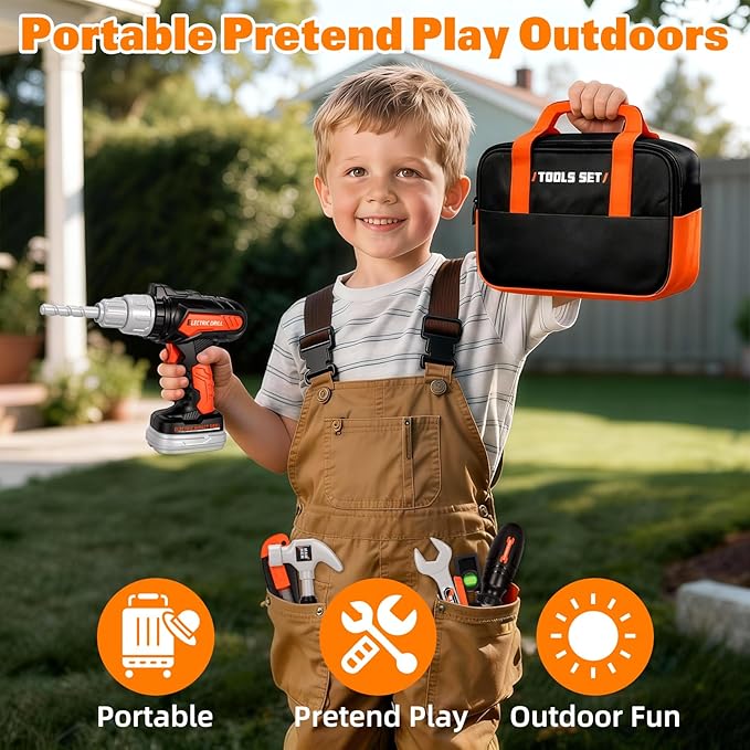 50PCS Kids Tool Set for Boys Ages 3 4 5 6 Years Old - Pretend Play Construction Tool Kits with Portable Tool Bag & Electronic Toy Drill, Toddler Tool Set, Christmas & Birthday Gifts for Boys