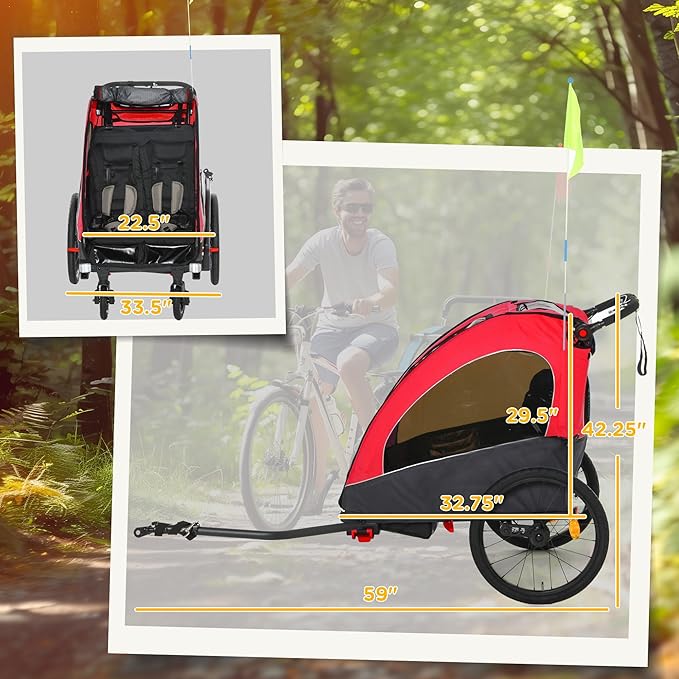 Aosom Bike Trailer for Kids 3 In1 Foldable Child Jogger Stroller Baby Stroller Transport Carrier with Shock Absorber System Rubber Tires Adjustable Handlebar Kid Bicycle Trailer