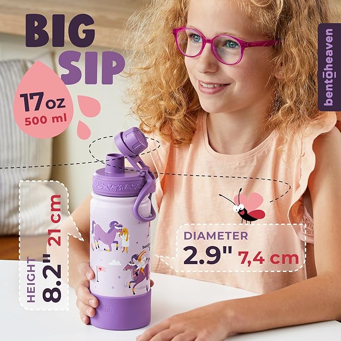 Bentoheaven Kids Water Bottle Stainless Steel for Boys & Girls, 2 Lids (Chug & Straw), Handle & Silicone Boot, Reusable Metal Leak-proof Insulated Tumbler, School & Sports 17oz (Purple)