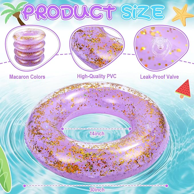 ShinyRelief 4 Pcs Inflatable Glitter Pool Float 30'' Macaron Swim Tube with Gold Confetti Swim Inner Tube for Adults Pool Floats Rings for Summer Beach Swimming Pool Bachelorette Party