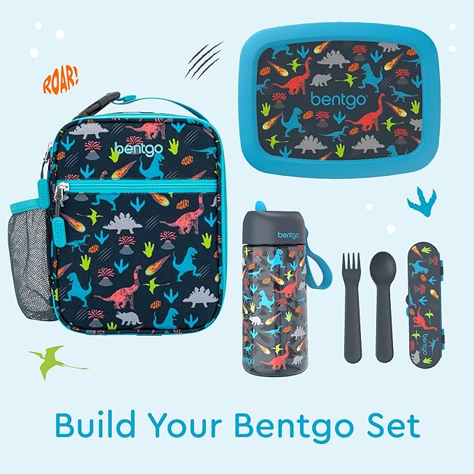 Bentgo Kids Insulated Lunch Tote - Water-Resistant, Reusable, Lightweight & Durable Lunch Bag with Water Bottle Holder & Exterior Pocket, Fits Lunch Box & Water Bottle - Ideal for Ages 3+ (Dinosaur)