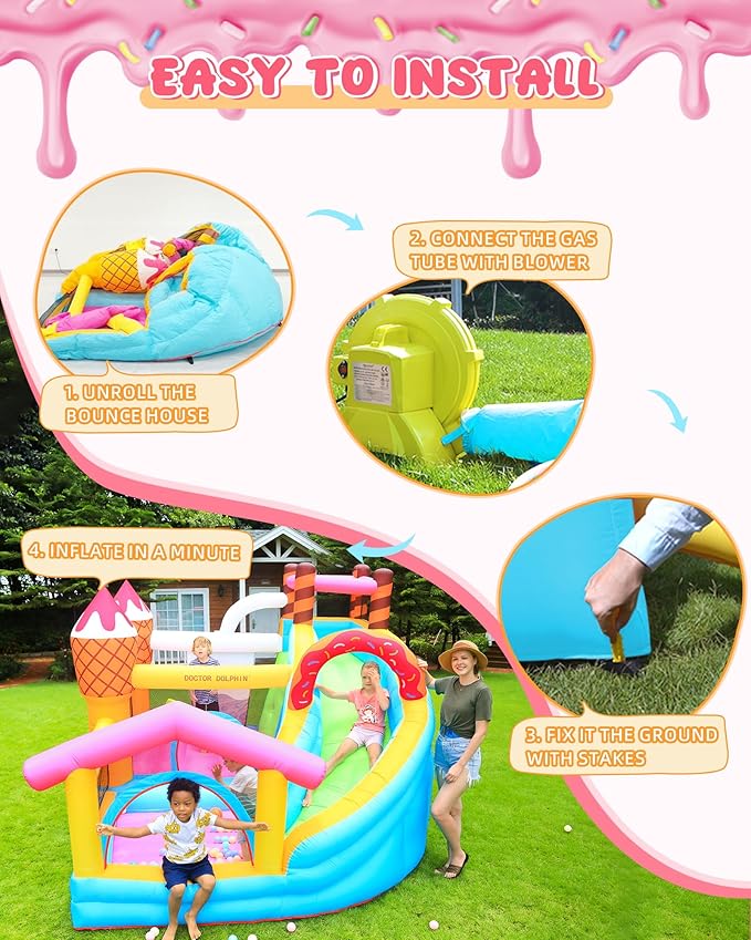 Doctor Dolphin Inflatable Bounce House with Air Blower, Bouncy Castle for Toddlers, Kids Jumping and Slide Castle for Indoor & Outdoor