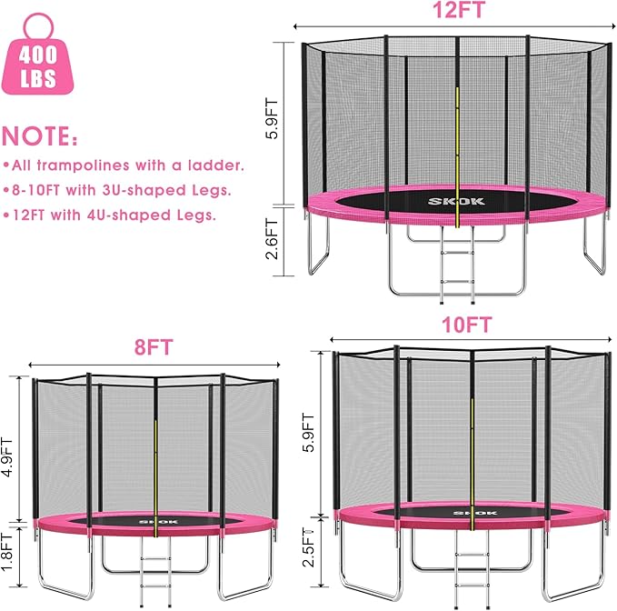 SKOK Trampoline 8FT 10FT 12FT 14FT 15FT Trampolines with Enclosure Net, 400LBS Outdoor Trampolines for Kids with Basketball Hoop-ASTM Approved Trampoline for Children and Adults with Ladder