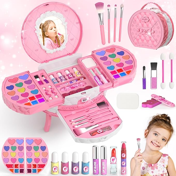 PERRYHOME Kids Makeup Sets for Girls 5-8, 57 Pcs Washable Real Cosmetic Set, Non-Toxic Toddler Makeup Toys, Girls Makeup Kit, Princess Toys & Birthday Gifts for 3 4 5 6 7 8+ Years Old (Pink)