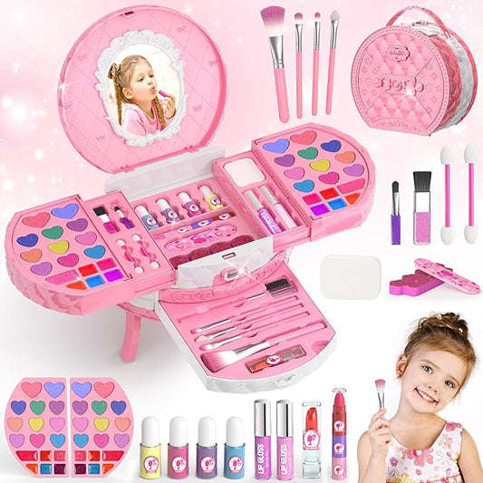 PERRYHOME Kids Makeup Sets for Girls 5-8, 57 Pcs Washable Real Cosmetic Set, Non-Toxic Toddler Makeup Toys, Girls Makeup Kit, Princess Toys & Birthday Gifts for 3 4 5 6 7 8+ Years Old (Pink)