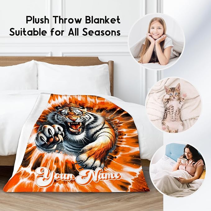 UNIKITTY Personalized Kids Blanket, Tiger Blanket Gifts for Girls Boys, Custom Gifts with Name, Fleece Throws with Tie Dye Print for Room Decor (4 Sizes)