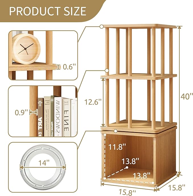 IOTXY 3-Tier Rotating Bookshelf Tower - Beech Wood Frame Spinning Bookcase with Storage Base, Compact Freestanding Revolving Shelf Organizer, Oak