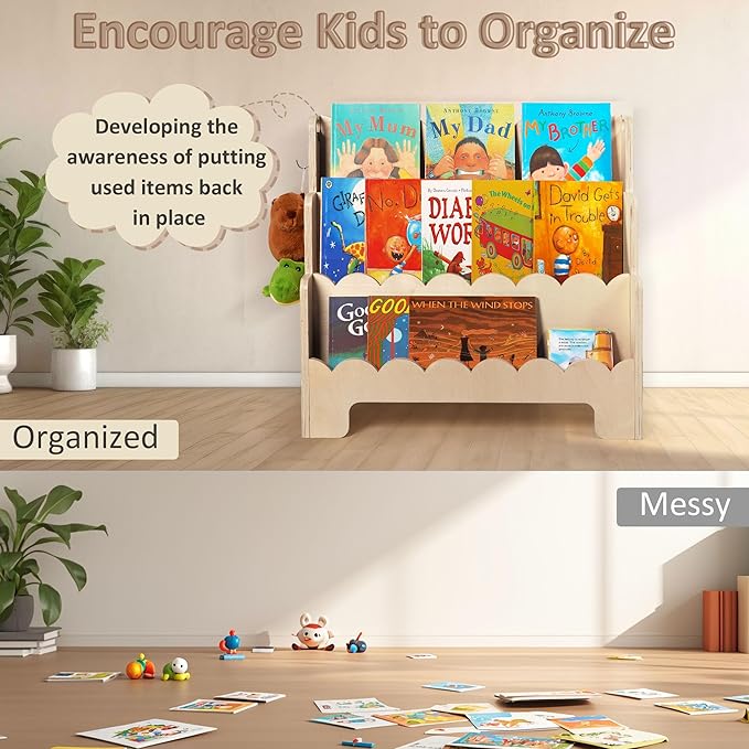 Kids Bookshelf Wooden 3-Tier, Scalloped Book Shelf for Kids Rooms, Front Facing Toddler Montessori Bookshelf, Baby Nursery Book Shelves Kids Classroom Bookshelf Bookcase