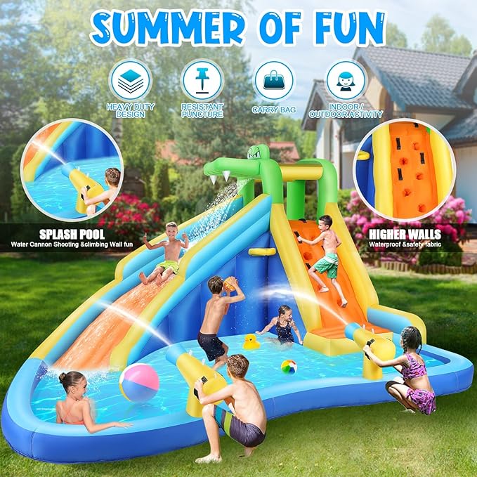 AKEYDIY Inflatable Water Slide for Kids 3-12,Crocodile Cove Water Park with Splash Pool,Water Cannon, Climbing Wall, Kids Inflatable Water Park Slide for Backyard Summer