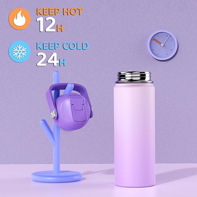 18oz Kids Insulated Water Bottle with Straw Lid - 18/8 Stainless Steel Kid Cup BPA-FREE Travel Tumbler Double Wall Vacuum Leak Proof Portable Toddler Water Bottle (Purple）