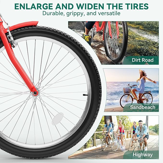 YITAHOME 24 & 26 Inch Beach Cruiser Bike, 7 Speed & Single Speed Commute Bike, Step-Through Bicycle for Adult Women & Men, Steel Frame Cruiser Bike with Full Front & Rear Fenders