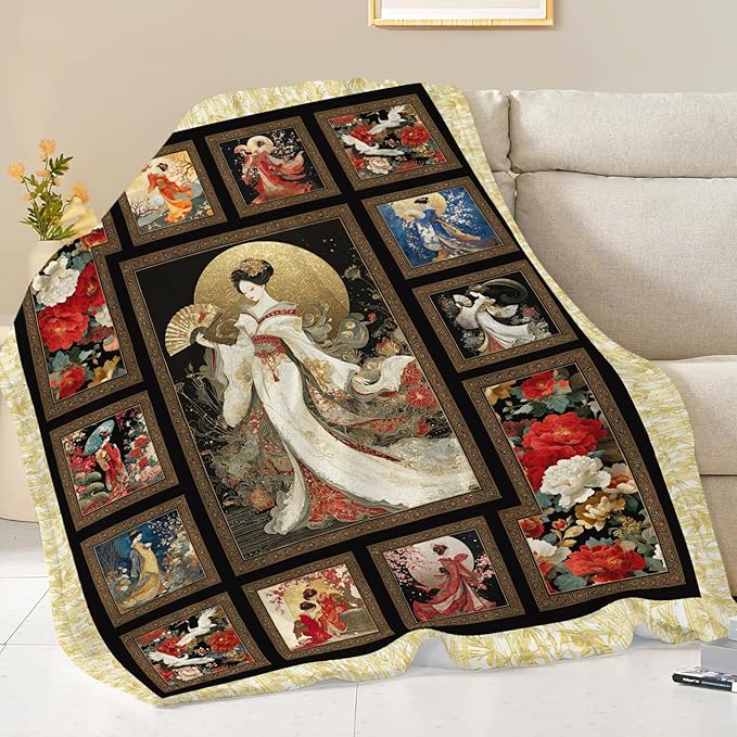 Japanese Gifts for Women, Japan Geisha Girls Flannel Throw Blanket, Cozy Fleece Soft Stuff Blankets Gift for Girls Couch Sofa Bed 60" x 50"