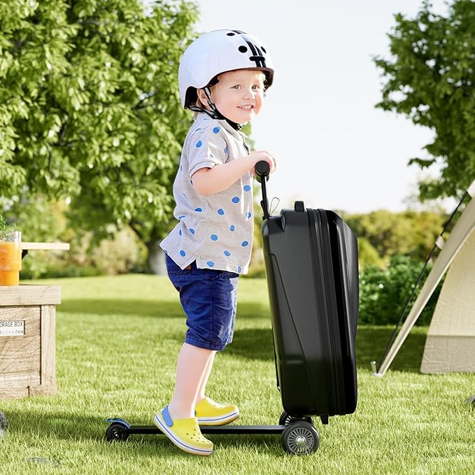 Scooter Hardshell Kids' Luggage, Foldable Carry on Kids Suitcase with Telescopic Handle for Travel, Multifunctional Ride On Lightweight Luggage with Wheels, Light Black