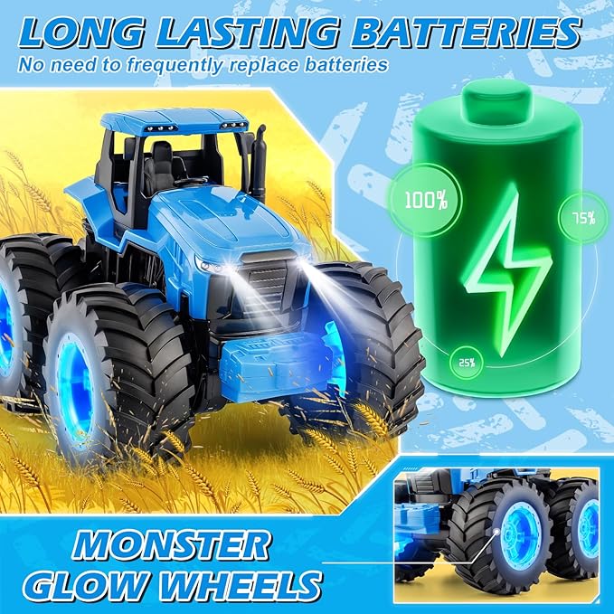 Remote Control Monster Tractor Toy for 3, 4, 5, 6, 7 years old, Blue Light Up Monster Trucks Toy with LED Lights Toddlers RC Farm Vehicle Toys for Boys ＆ Girls Ideal Christmas, Birthday Gifts for Kids
