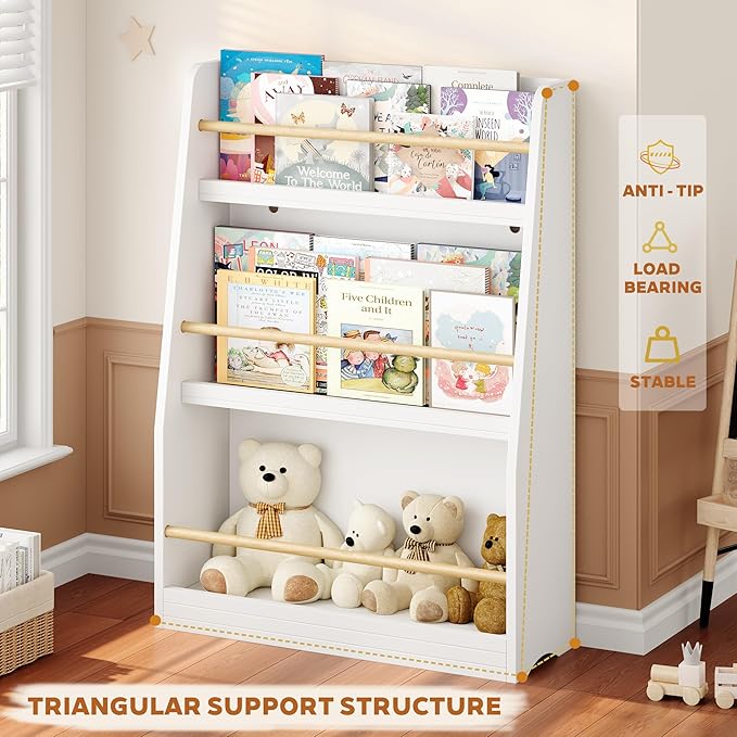Kids Bookshelf, 3-Tier Montessori Book Shelf Organizer for Books and Toys, Toddler Bookshelf for Bedroom, Living Room, Playroom, Classroom, Nursery - White