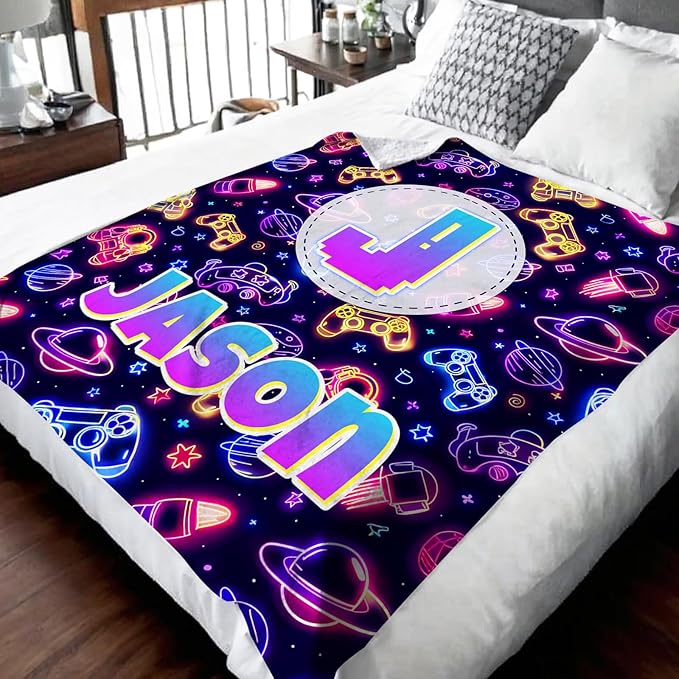 Game Gifts for Kids Toddler Teens, Personalized Throw Blanket with Name Initial Letter for Boys, Cute Custom Monogram Soft Fuzzy Blankets for Bed Couch Sofa Decor
