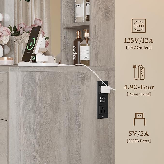 Makeup Vanity with Drawers, 43" Grey Vanity Desk with Mirror and Lights, 11 Drawers & 4 Shelves, Power Outlet & Adjustable LED Lights, Dressing Table for Women & Girls Bedroom