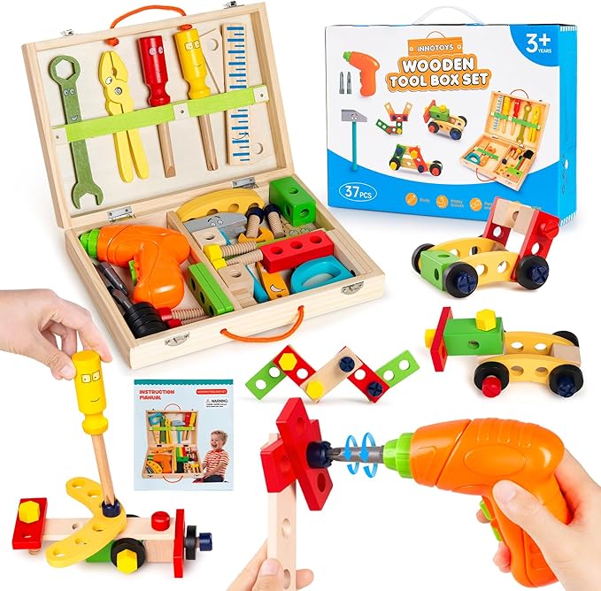 Kids Tool Set with Drill, Montessori Toys for 3 4 5 6 Years Boys Girls, Toddler Stocking Stuffers, Kids Christmas Toys, 37 Pcs Wooden STEM Construction Learning Pretend Play Games