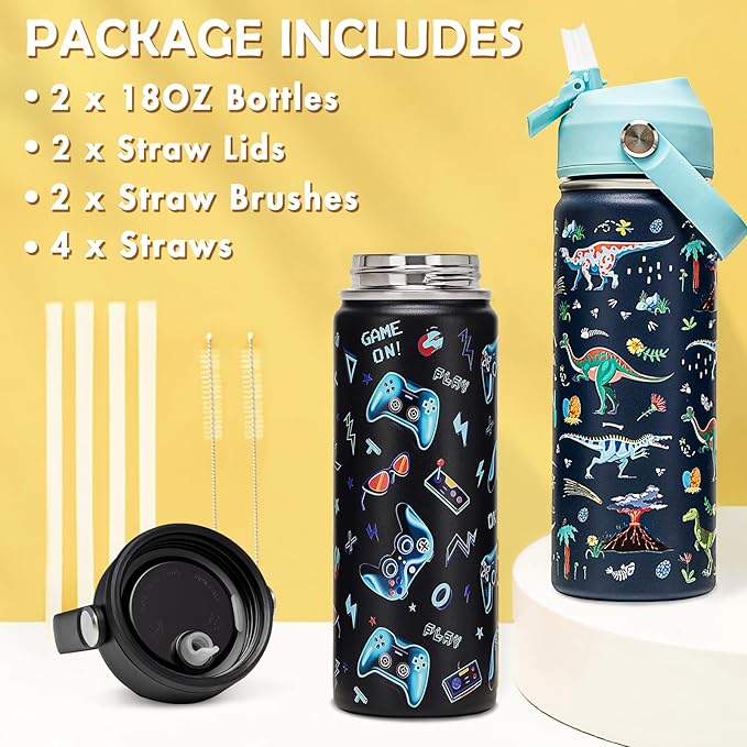 18oz Kids Insulated Water Bottle with Straw Lid - 18/8 Stainless Steel Kid Cup Travel Tumbler Double Wall Vacuum Leak Proof Portable Toddler Water Bottle (Game + Dinosaur)