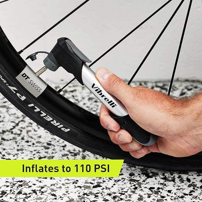 Vibrelli Mini Bike Pump - Presta & Schrader Bicycle Pump - 120 PSI Tire Pump for Road & MTB - No Valve Changing Needed