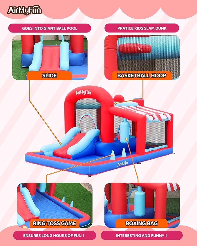 AirMyFun Inflatable Water Slide Bounce House with Long Curved Slide for Kids with Blower, Family Backyard Bouncy Castle with Fun Doorway Tunnel, Climbing Wall and Ball Shooting (Classics)