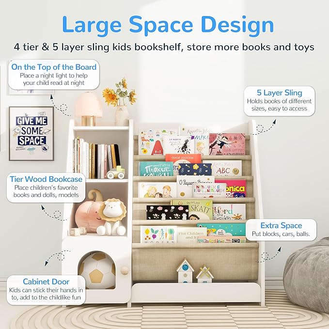 FKWin Kids Bookshelf, Kids Toy Storage Organizer, Baby Storage Book Rack, 4 Tier Kids Wooden Bookshelves, 5 Layer Sling Bookcase for Playroom, Bedroom, Living Room, Kids Room, Nursery, School(White)
