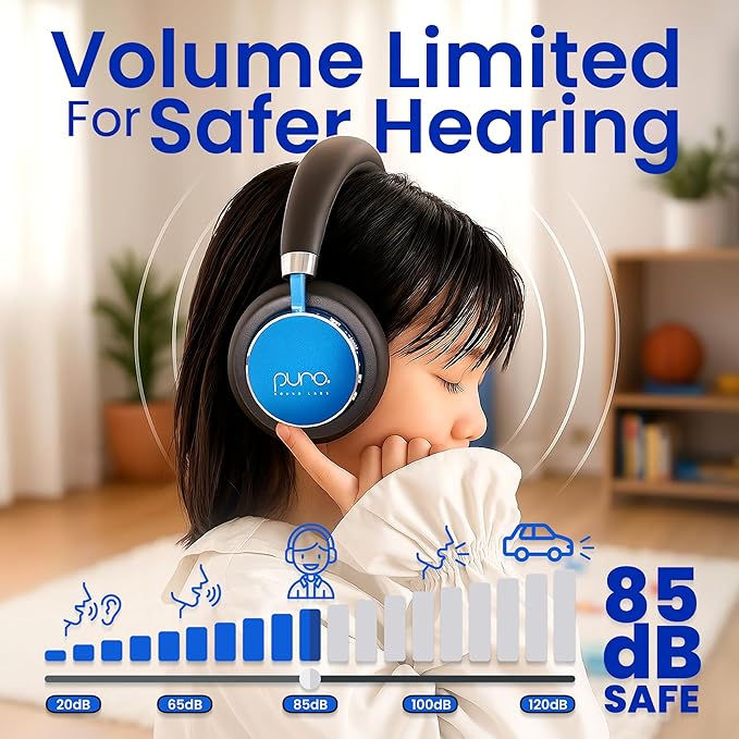 Puro Sound Labs Kids Wireless Headphones – Volume-Limiting 85dB, Built-In Mic, Studio-Grade Sound, 20-Hour Battery Life, Comfortable Fit & Easy to Connect Kids Bluetooth Headphones – BT2200 Plus, Blue