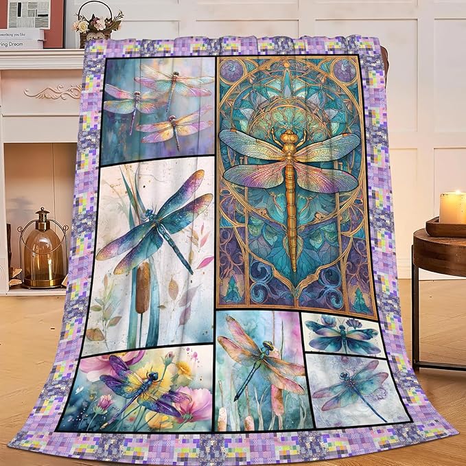 Dragonfly Throw Blanket for Women, Dragonflies Decor Fleece Blanket Gifts for Boys Girls, Warm Cozy Soft Flannel Stuff for Bed Sofa Couch 80" x 60"