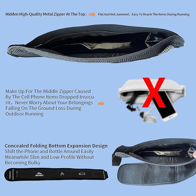 SENIKO Running Belt Hydration with Bottles,Fanny Pack Water Bottle Holder, Zipper Waist Pouch Fits Most phones,Zerobounce Design for Cycling Climbing Marathon (Combination Set)