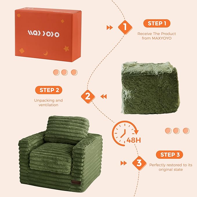 MAXYOYO Kids Bean Bag Chair, Comfy Faux Fur Bean Bag Sofa with Filler, Upholstered Floor Sofa with Pillows and Armrests, Lazy Floor Chair Couch for Boys and Girls, Green