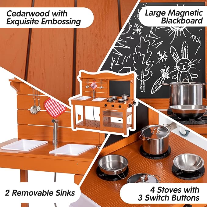 Kitchen Playset for Kids, Outdoor Wooden Mud Kitchen Set w/2 Removable Sinks & Spray Pipe, Backyard Garden Toddler Pretend Play Kitchen w/Blackboard, Kitchenware, Stove, Gift for Boys Girls