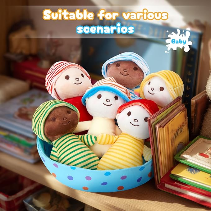 Athoinsu 6.5 Inch Plush Dolls with Basket Set of 6 Soft Dolls with Removable Hats Stuffed Toys for Kids, Toddlers, Boys & Girls