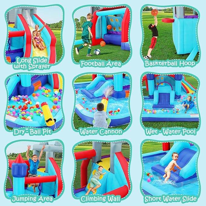 ROOJER Inflatable Dual Water Slide Bounce House for Kids Backyard 10-in-1 Blow Up Water Park with Blower, Splash Pool, Climbing Wall & Multi-Sport Games | Summer Indoor Outdoor Play & Party Gifts