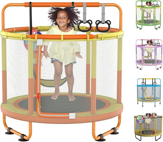 LANGXUN 60" Trampoline for Kids, 5ft Toddler Mini 6-in-1 Trampoline Indoor Outdoor with Swing, Basketball Hoop, Dart Board, Rings, Christmas Toys Birthday Gifts for Girls Boys