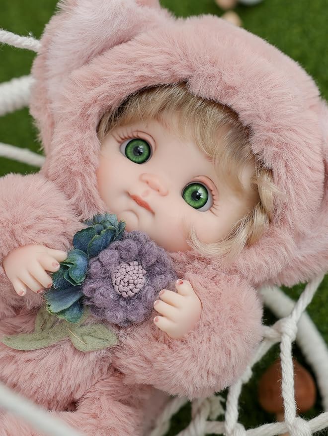 Reborn Baby Doll 10 Inch – Realistic Vinyl Girl with Green Eyes in Pink Fox Outfit – Collectible Comfort Gift for Girls