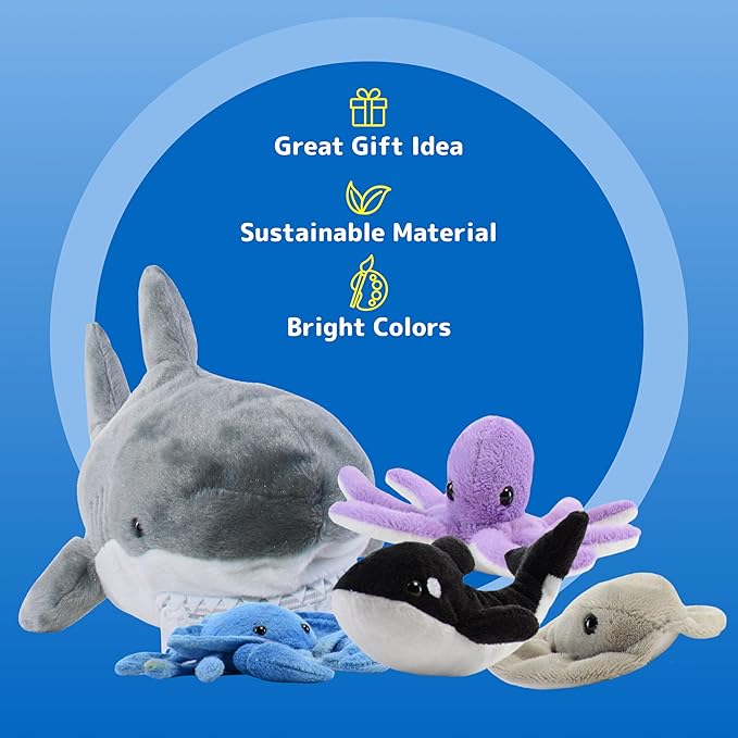 PREXTEX Plush Toy Shark Stuffed Animal with 5 Sea Animals - Shark Plush Toy with Turtle, Whale, Octopus, Stingray, Crab - Giant Stuffed Animals for Kids Aged 3 and Up - Fun Gift for Sea Animal Lovers