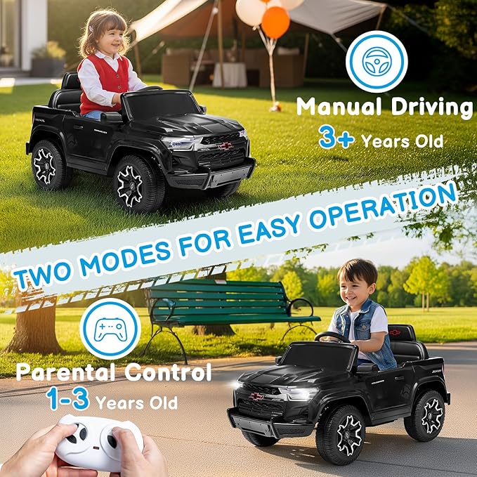 Winado Licensed Chevrolet Colorado Electric Car for Kids, 12V Ride on Toys for Toddlers with Remote Control, Battery Powered Electric Car Ride On Vehicle w/Bluetooth, Soft Start, LED Lights - Black