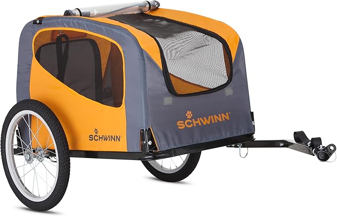 Schwinn Rascal Pet Trailer, Holds Pets Up to 50 or 100 lb, Universal Coupler, Folding Frame, Quick-Release Wheels, Rear Doggy Door, Leash, Washable Liner, Bug Screen, Schwinn Bike Trailer for Pets