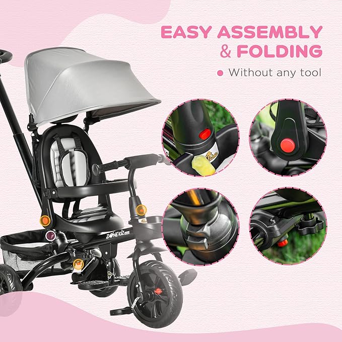 Qaba Kids Tricycle, 4 in 1 Foldable Trike with Reversible Seat, Adjustable Parent Handle, Safety Harness, Wheel Brakes, Removable Canopy, Storage, Tricycle for Toddlers 1-5 Years, Gray