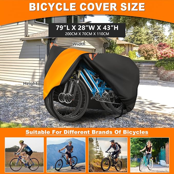 Bike Cover, Bicycle Cover Outdoor Waterproof Storage All Weather Dustproof Rainproof Sunproof Windproof for Mountain Road Bike/Electric Bike (Black Orange)