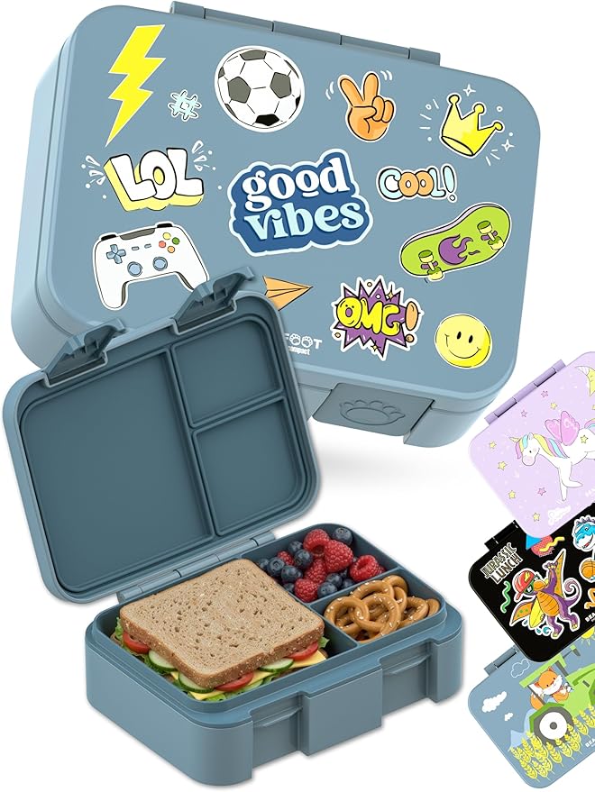 BEARFOOT Kids Lunch Box with Compartments – Compact & Lightweight | Leak-Proof, BPA-Free, Dishwasher & Microwave Safe | Hand-Drawn Design for Preschool, School, Travel (Sticker Blue, 2.75 Cups)