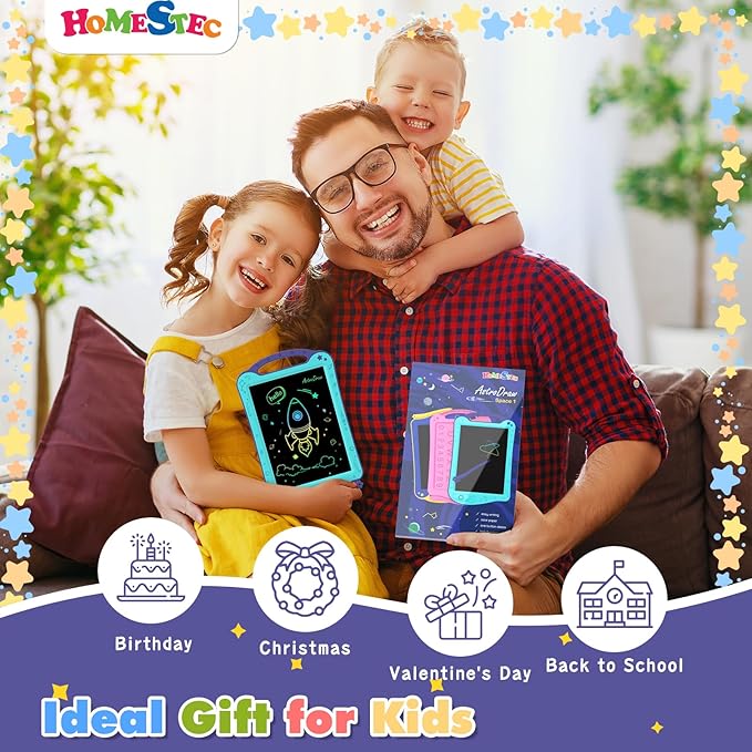 [ClimatePartner Certified] HOMESTEC Astrodraw Drawing Pad, Colorful LCD Writing Tablet for Kids, Doodle Board for Toddlers 3 4 5 6 Years Old, Travel Toy Birthday Gift for Boys Girls (Aqua/Purple)
