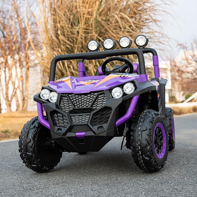 24V 2-Seater Kids Ride-On UTV, 4WD Electric Car with Parent Remote Control, 4x200W Motor, LED Headlights & Searchlights, Bluetooth Music, Spring Suspension, 3-Speed Off-Road Toy Gift, Purple