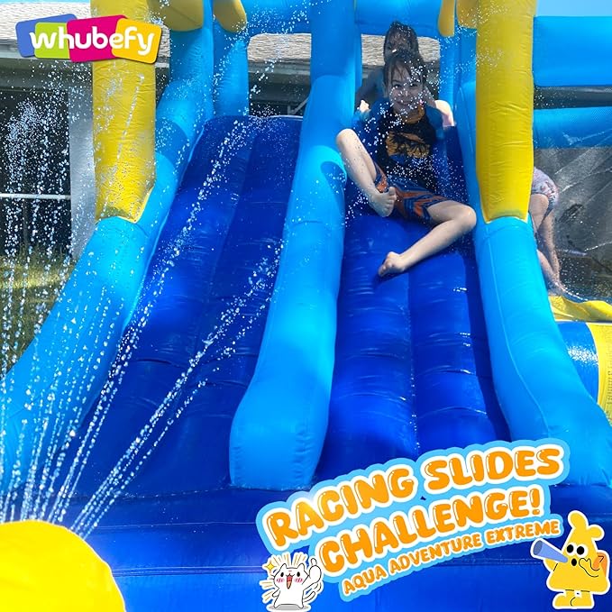 Whubefy Inflatable Water Slide Bounce House for Kids Backyard Blow Up Dual Racing Slides Water Park with Blower, Overhead Sprinkler, Splash Pool, Water Cannon, Climbing Wall for Indoor Outdoor Fun