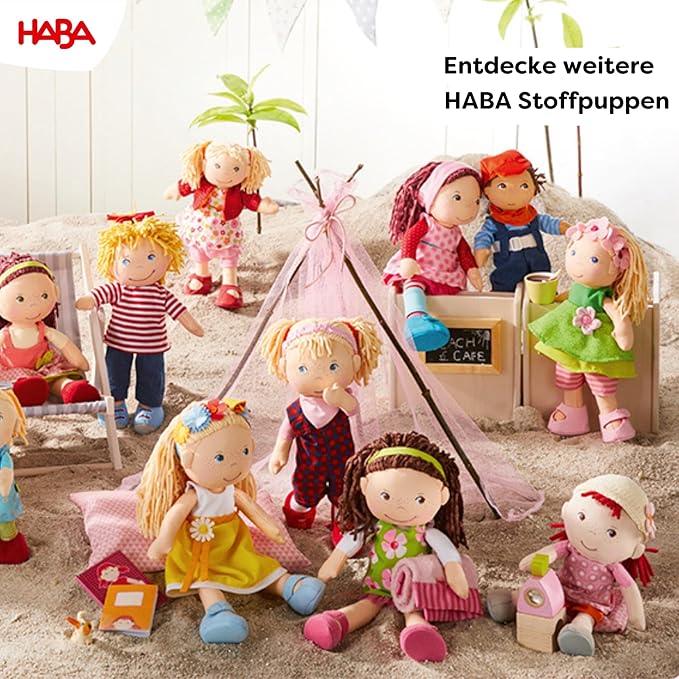 HABA 12" Soft Baby Doll Annelie with Blonde Hair, Embroidered Face, Removable Red Dress and Matching Hairband - Washable Toddler Doll for 18 Months+