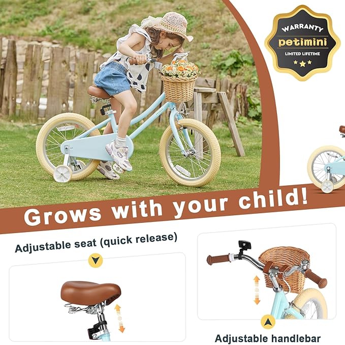 Petimini Girls Bike with Basket for 2-12 Years Old Kids, 12 14 16 18 20 Inch Bicycle with Bell Training Wheels Basket, Multiple Colors